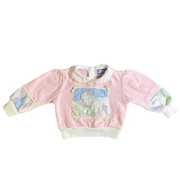 Doe-Spun Other - Doe-Spun Vintage Pink Lamb Patchwork Sweatshirt Lace Collar 12 Months